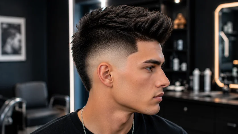 High Burst Fade haircut with textured top, sharp high fade, and clean modern men's hairstyle in side profile.