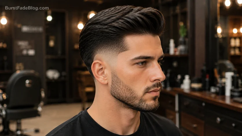"High Burst Fade Comb Over haircut with voluminous top and sharp fade."