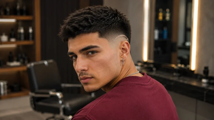 High Burst Fade Crew Cut haircut with thick textured top and dramatic high fade, fashionable man in burgundy sweatshirt, luxury barbershop background.
