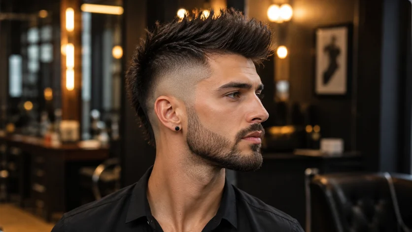 High Burst Fade Faux Hawk haircut with dramatic volume, sharp fade, and textured styling in a luxury barbershop.