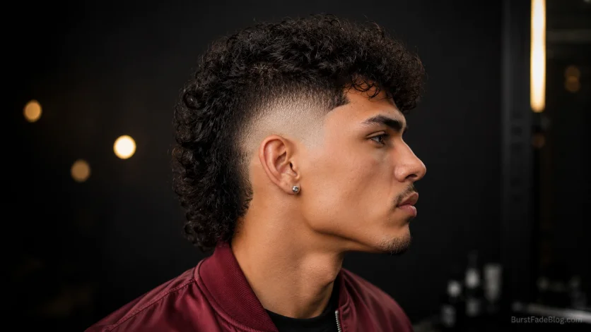 High Burst Fade Mullet haircut with sharp burst fade, textured curly mullet, and modern men's hairstyle side profile.