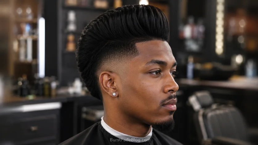 "High Burst Fade Pompadour haircut on African-American male in modern barber shop."