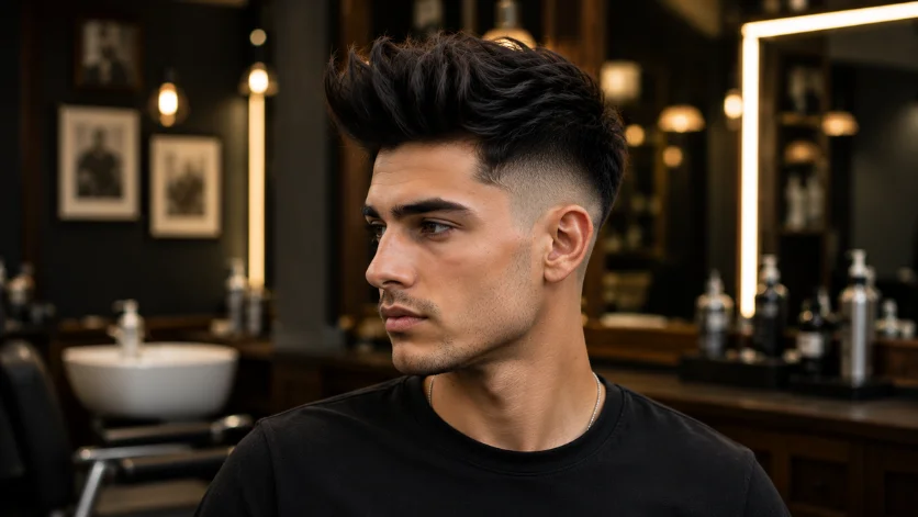 High fade quiff haircut for men with dramatic contrast, elevated volume, and bold modern styling in a luxury barbershop.