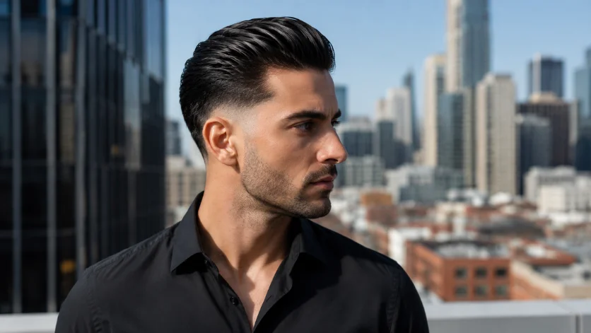 High burst fade slick back haircut for men with sleek combed-back hair, sharp fade contrast, black dress shirt, and modern rooftop style.