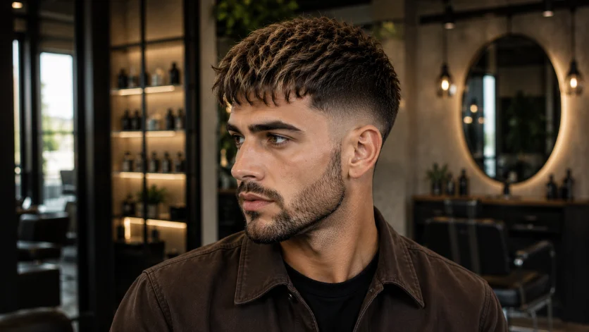 Highlighted French Crop Fade haircut with textured crop and subtle highlights,