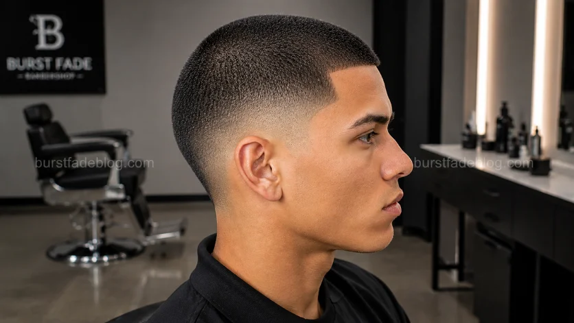 **Alt Text (SEO Optimized):**
Induction Burst Fade Buzz Cut haircut with an ultra-short buzz cut and sharp burst fade on a young male in a minimalist barbershop.
