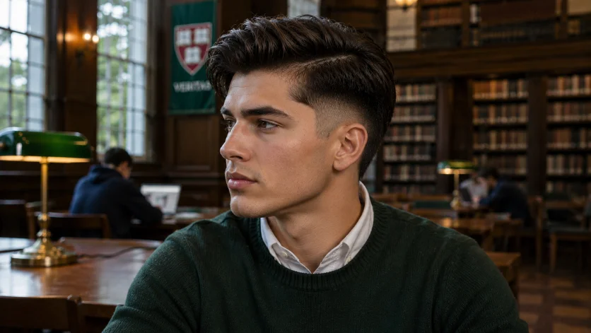 Ivy League burst fade side part haircut with classic styling, forest green sweater, and university library background.