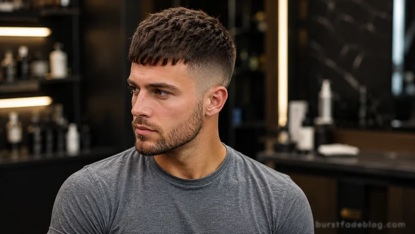 Layered Caesar Burst Fade haircut with textured layers on top, clean burst fade around the ears, steel gray t-shirt, premium salon setting.