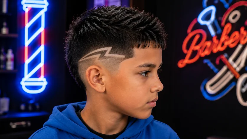 Kids burst fade haircut with a lightning bolt shaved design and sharp faded sides.