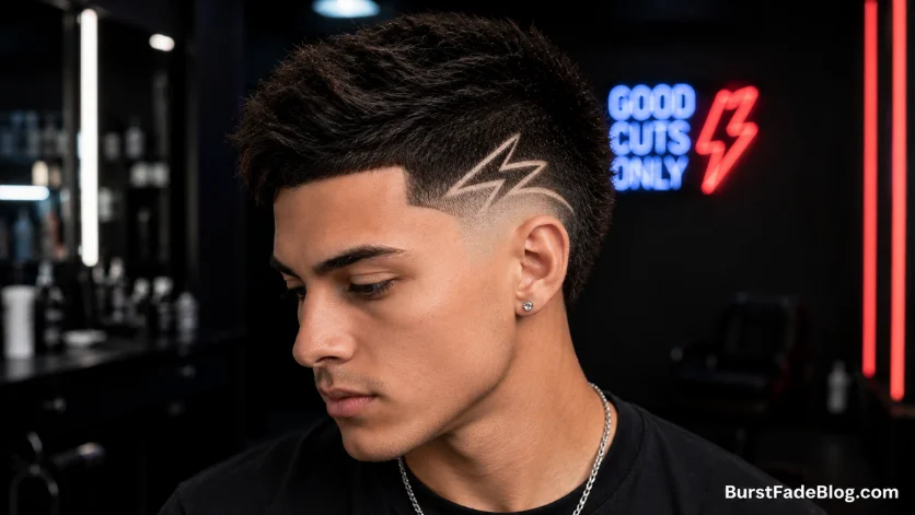 Teen boy with a burst fade haircut featuring a lightning bolt shaved design in a neon barber studio.