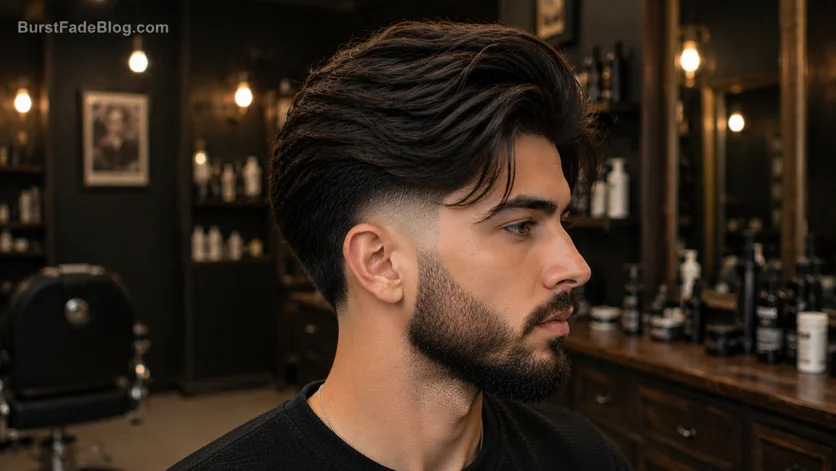 "Long Burst Fade Comb Over haircut with flowing top and clean burst fade."