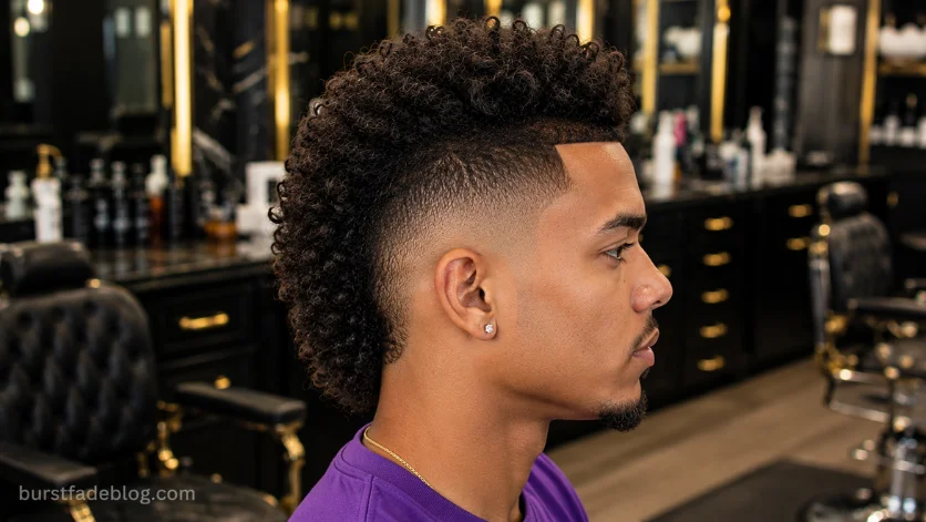 Long Burst Fade Mohawk haircut with extended length through the crown and back, 
