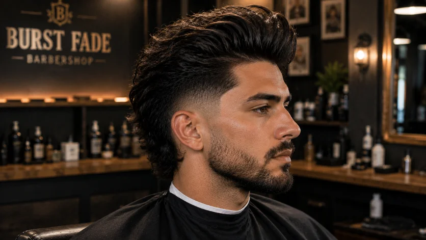 "Long Burst Fade Pompadour haircut with extra volume and length on top in a luxury barbershop."