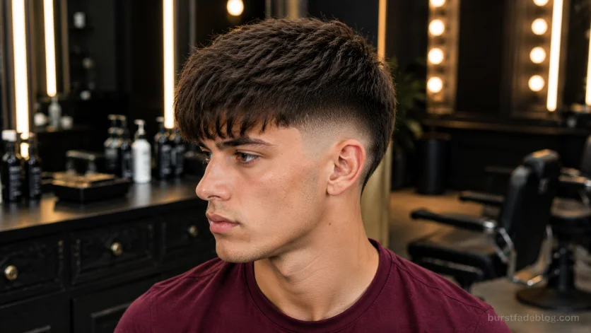 Long Caesar Burst Fade haircut with extended textured fringe and clean burst fade in a luxury men's salon.