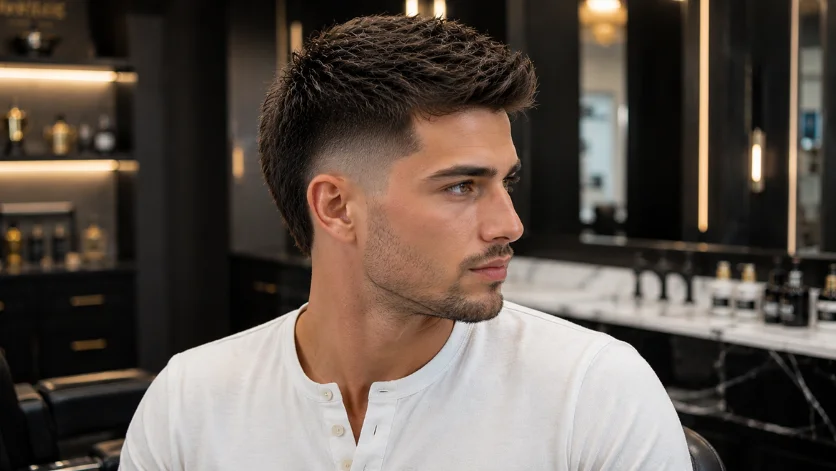 Long Crew Cut with Burst Fade featuring a textured voluminous top and sharp burst fade.