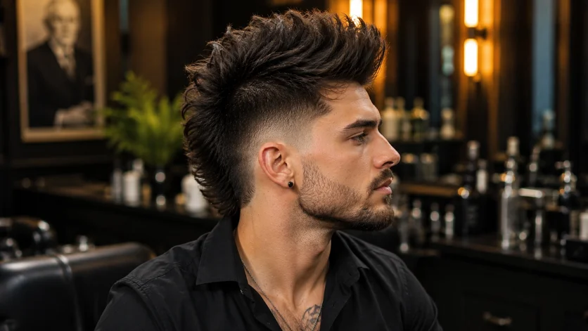 Long Faux Hawk Burst Fade haircut with dramatic volume, textured flow, and clean burst fade in a luxury barbershop.