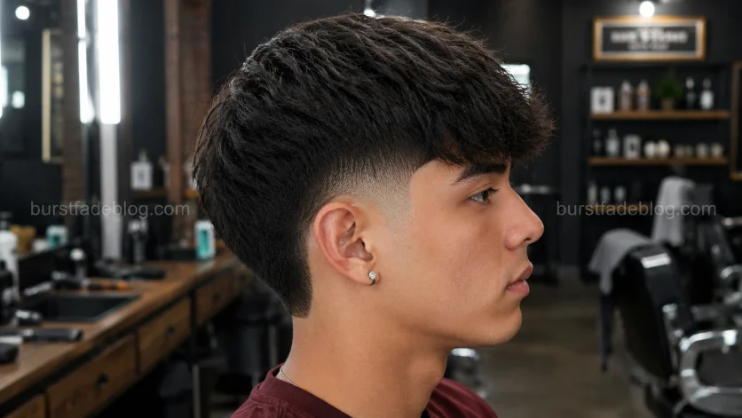 Long Fringe Burst Fade Edgar haircut with an extended textured fringe and clean burst fade on a young Brazilian male model.
