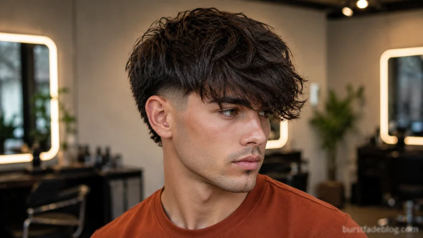 Long Fringe Burst Fade haircut with sweeping fringe and clean burst fade.