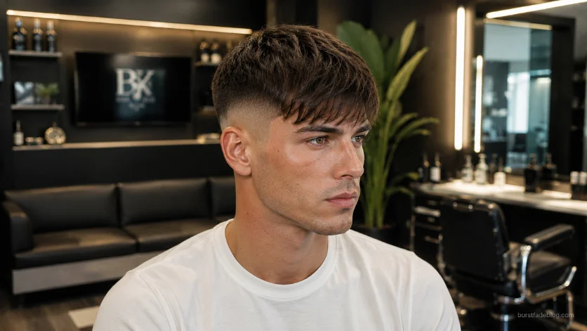 Long Fringe Caesar Fade haircut with burst fade in modern barbershop