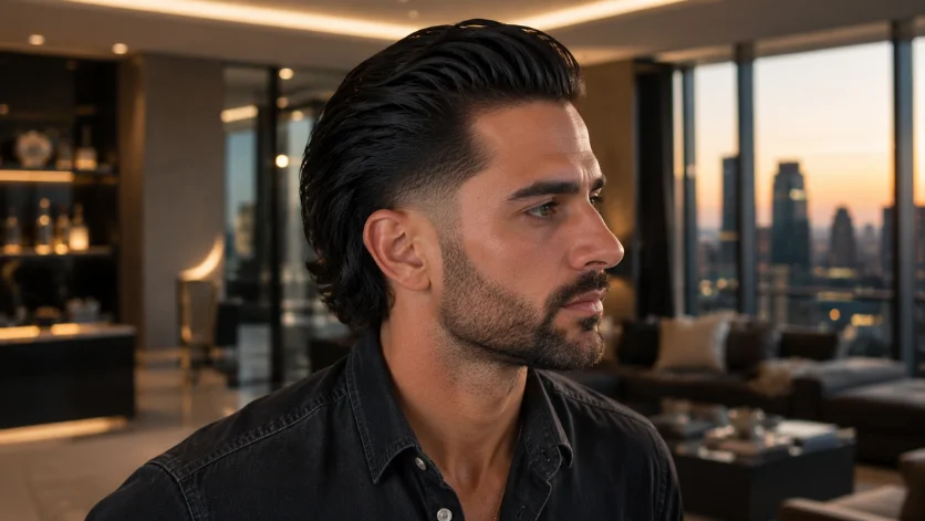  Long hair slick back burst fade haircut for men with flowing slicked-back hair, clean burst fade sides, dark denim shirt, and luxury penthouse setting.