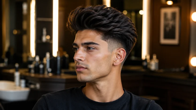 Long quiff haircut for men with textured volume, matte finish, and clean fade in a luxury barbershop.