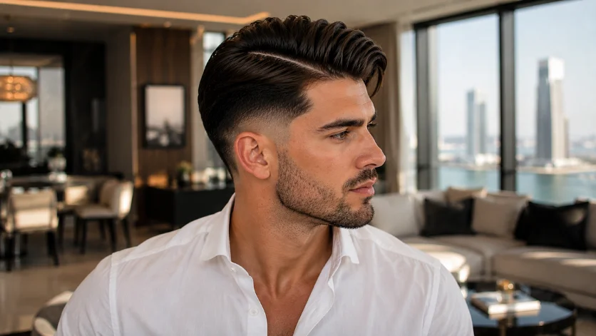 Long top burst fade side part haircut for men with voluminous top and clean side part styling in a luxury penthouse setting.