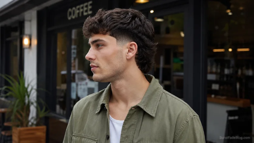 Low Burst Fade Mullet haircut with smooth low burst fade, textured mullet back, and modern men's hairstyle in outdoor coffee shop setting.