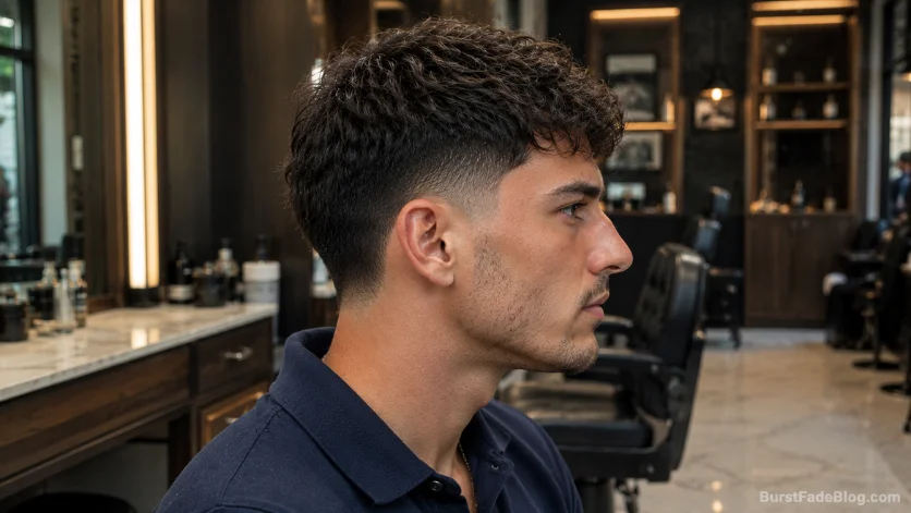Low burst fade haircut guide with soft fade around the ears, textured top, and clean side profile in a modern luxury barbershop setting.