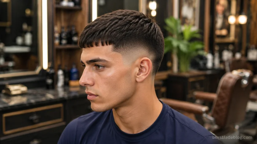 Low Burst Fade Caesar haircut with neat fringe and clean low fade in luxury barbershop.