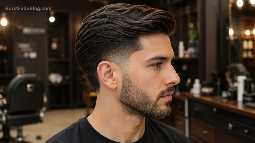 "Low Burst Fade Comb Over haircut with textured combed top and clean low burst fade."