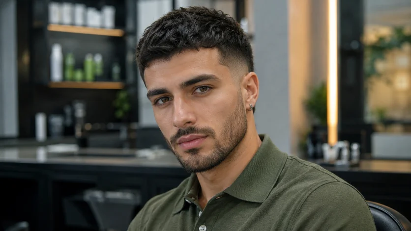 Low Burst Fade Crew Cut haircut with short textured top and subtle low burst fade, stylish man in olive green polo shirt, upscale salon background.