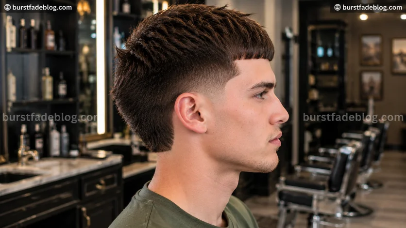 Low Burst Fade Edgar haircut with crisp fringe and subtle fade, right-side profile view