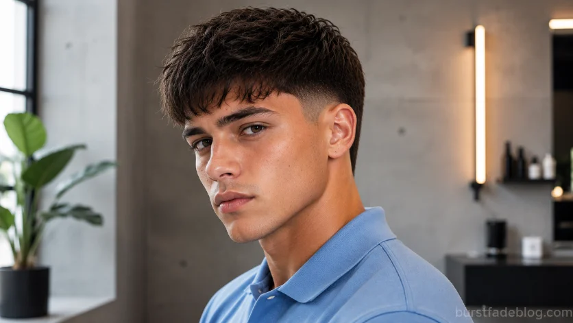 Low Burst Fade Fringe haircut with textured fringe and clean low burst fade.