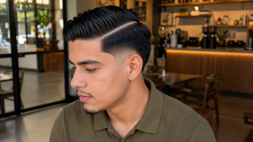 Low Burst Fade Hard Part haircut with defined hard part and clean low fade.