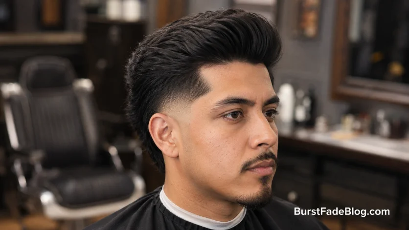 "Low Burst Fade Pompadour haircut on Latino male in premium barber shop."