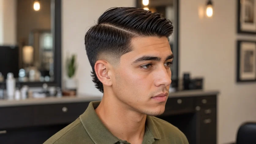 Low burst fade side part haircut on young man with olive green polo shirt in modern salon, clean and stylish men's hairstyle.
