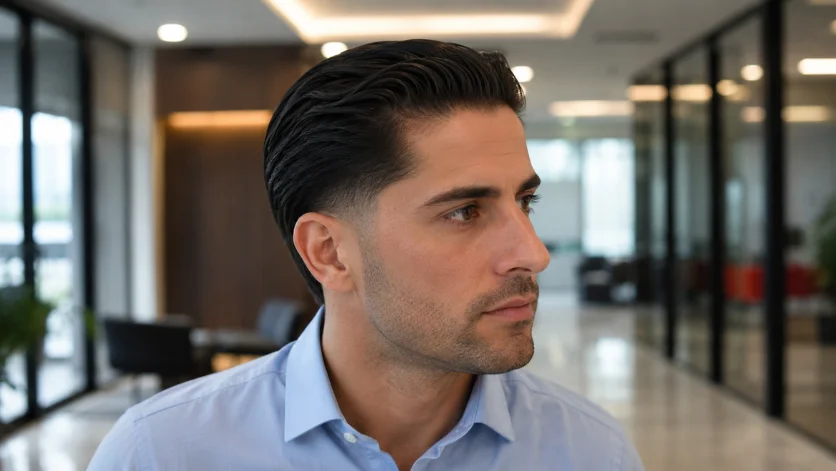Low burst fade slick back haircut for men with neatly combed back hair, clean fade around the ears, and professional office-style grooming.