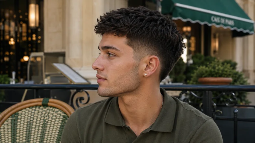Stylish Low Burst Fade Textured Crop hairstyle for men with textured top and low burst fade in a luxury café setting