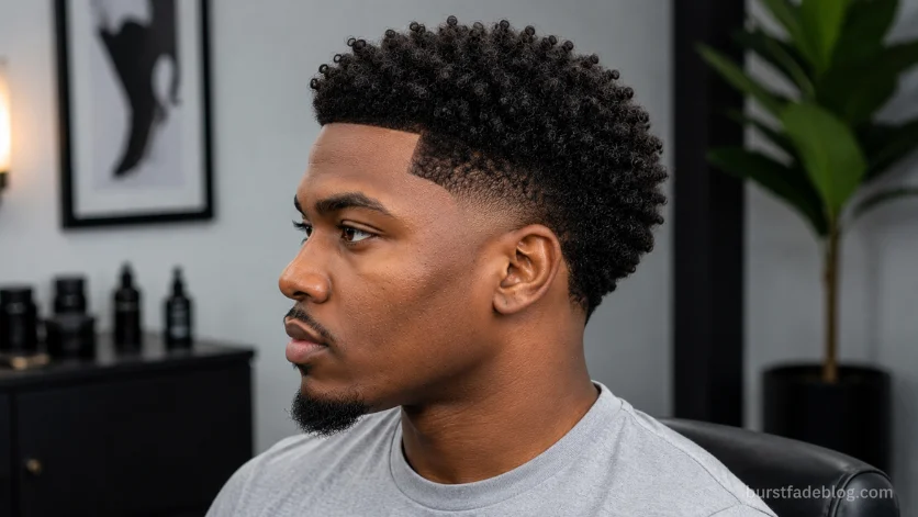 Low burst fade haircut for Black men with short curls, smooth blend, and clean professional finish.