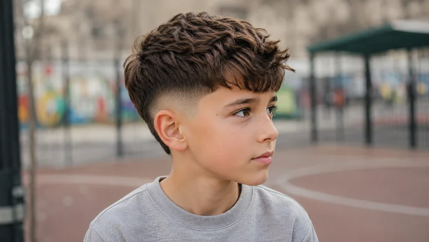 Mid burst fade haircut for kids with textured top and clean fade around the ears.