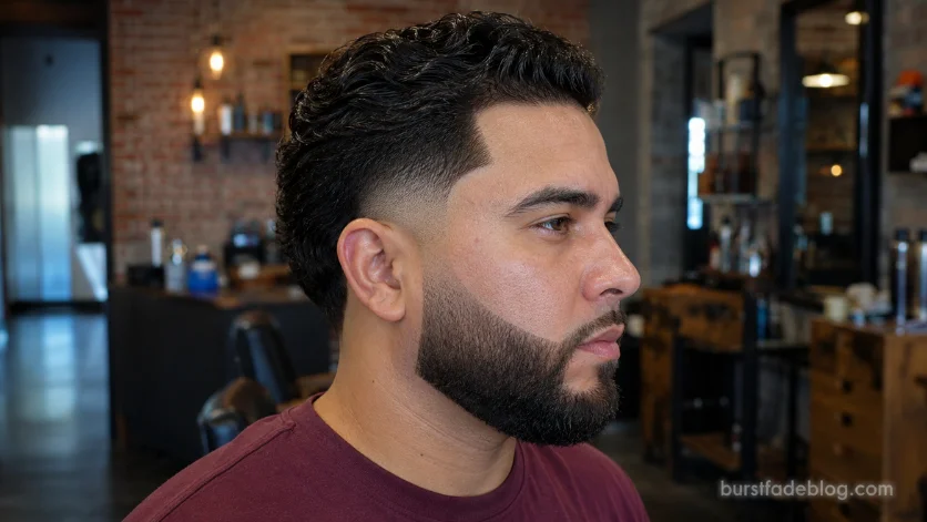 Low burst fade with beard on Latino man in modern barbershop
