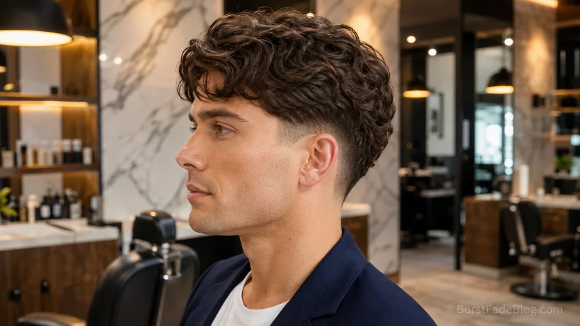  Low burst fade with soft natural wavy hairstyle.
