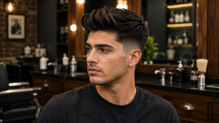 Low fade quiff haircut for men with textured volume, subtle fade around the ears, and a modern polished look.