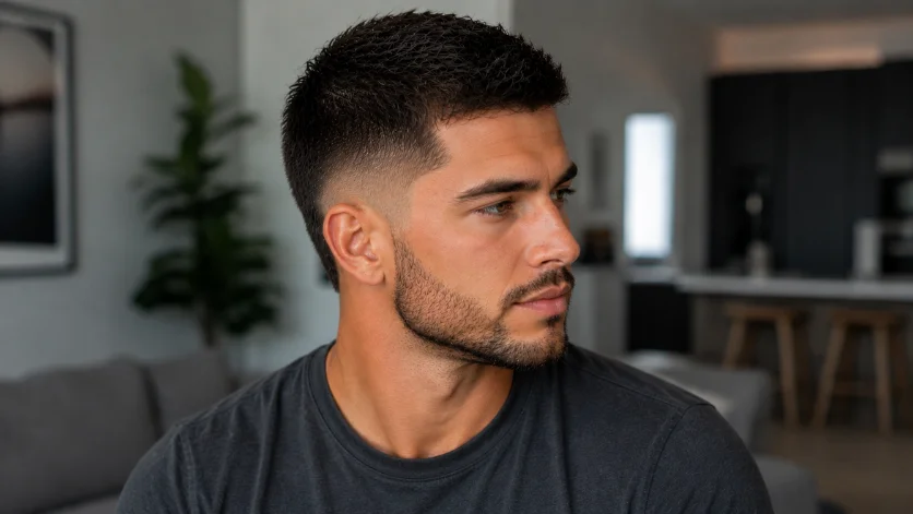 Low-Maintenance Burst Fade Crew Cut with a short textured top and easy-care styling.