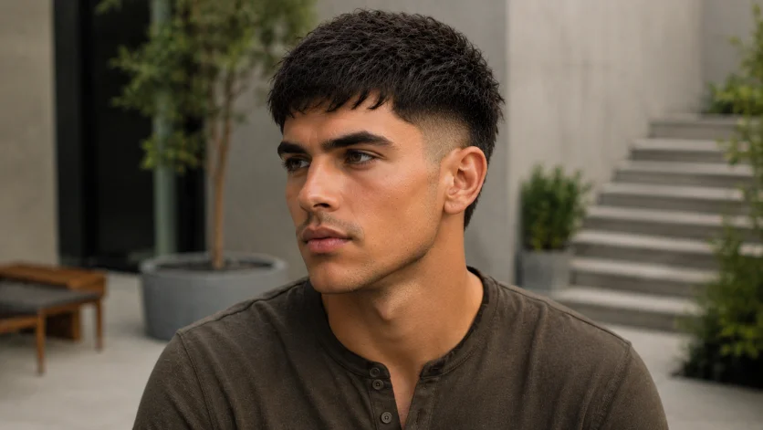 Low-Maintenance Burst Fade Textured Crop hairstyle for men with natural texture and clean fade