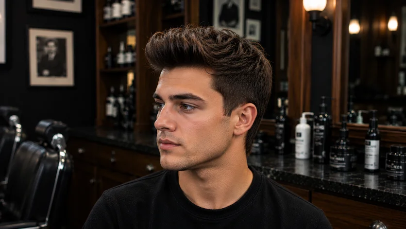 Low maintenance quiff haircut for men with natural texture, simple styling, and an effortless modern look in a luxury barbershop.