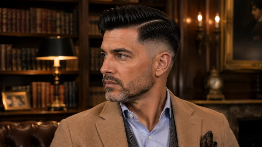 Mature gentleman burst fade side part haircut with distinguished styling, camel blazer, and luxury library background.