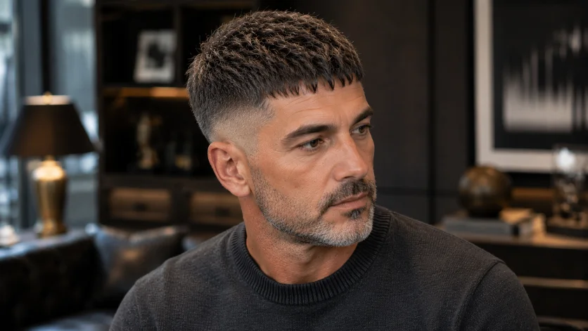 Mature Men's French Crop Fade Haircut with Salt-and-Pepper Texture 