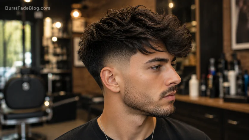 "Messy Burst Fade Comb Over haircut with textured messy top and clean fade."