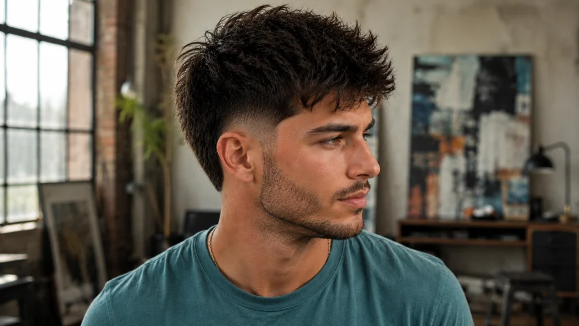 Messy Burst Fade Crew Cut with a textured messy top and clean burst fade around the ears.